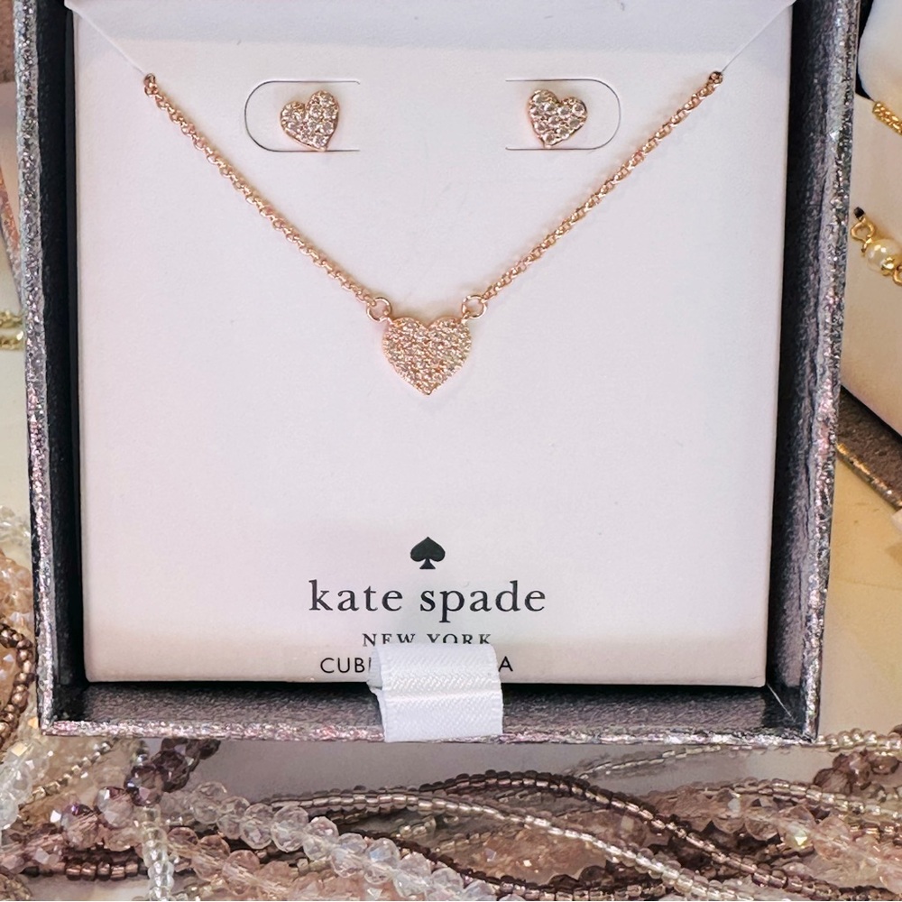 Kate spade Yours Truly Pave Stud Earrings & Mini Pendant Necklace Boxed Set Rose